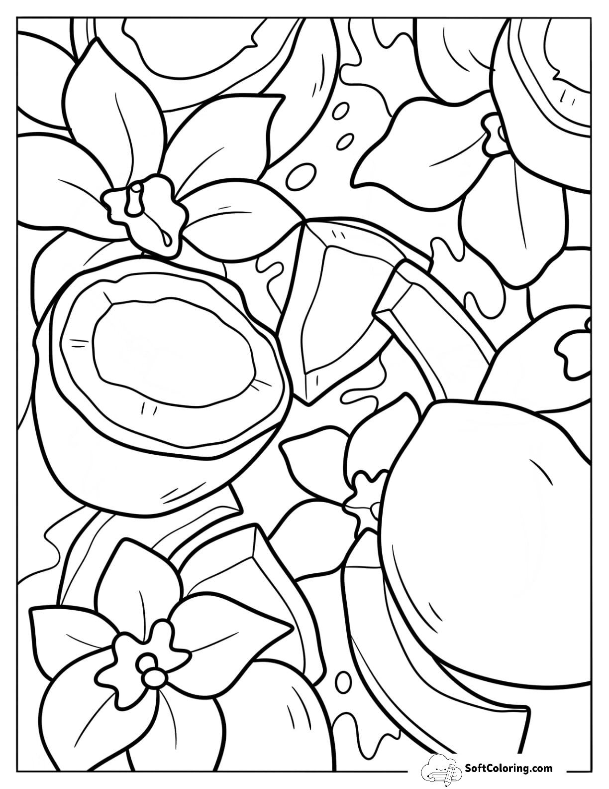Full Page Flowers And Coconut Coloring Page