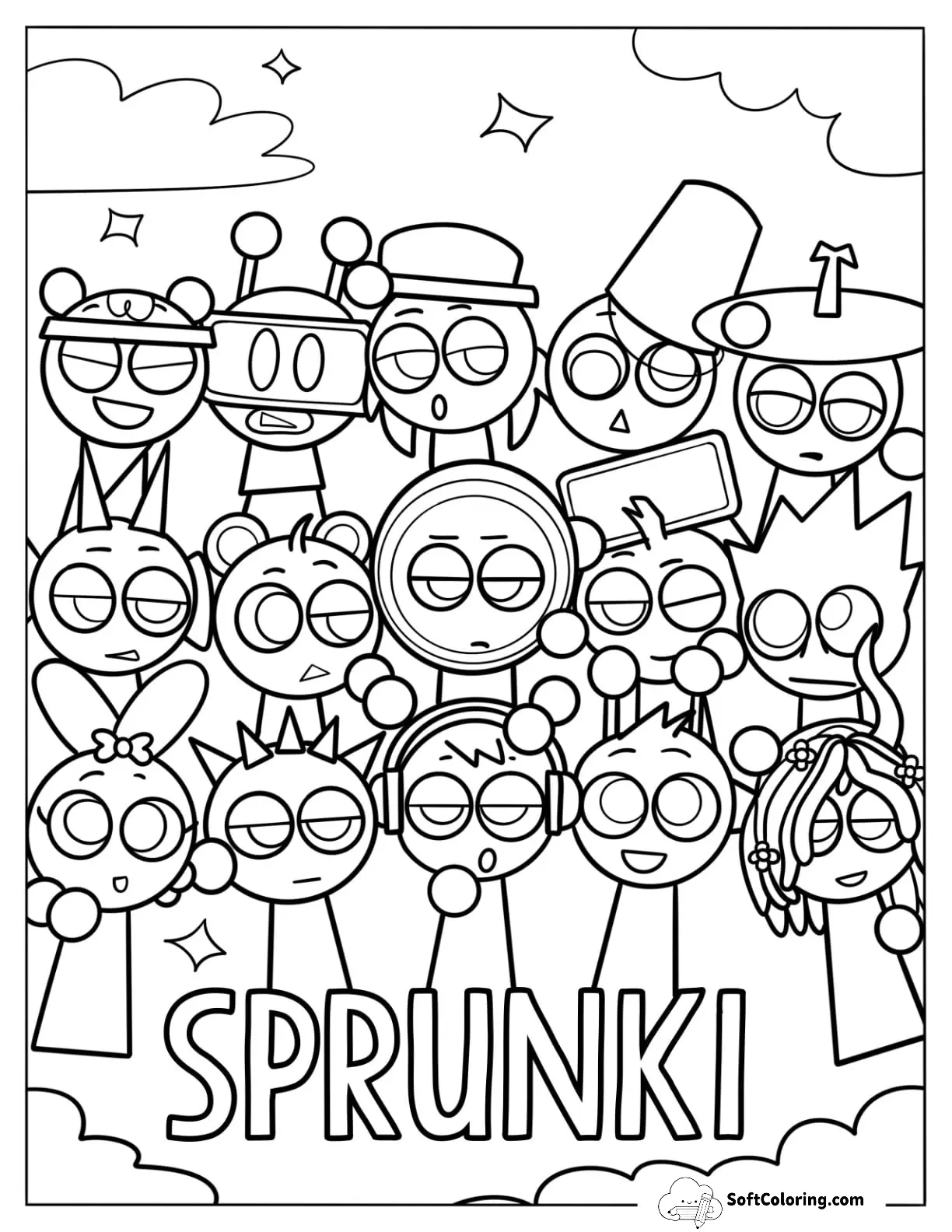 Full Page Sprunki Coloring Page Of Characters Poster