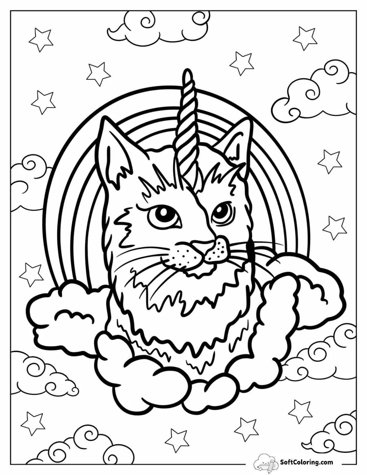 Furry Unicorn Cat In The Clouds With Starry Sky