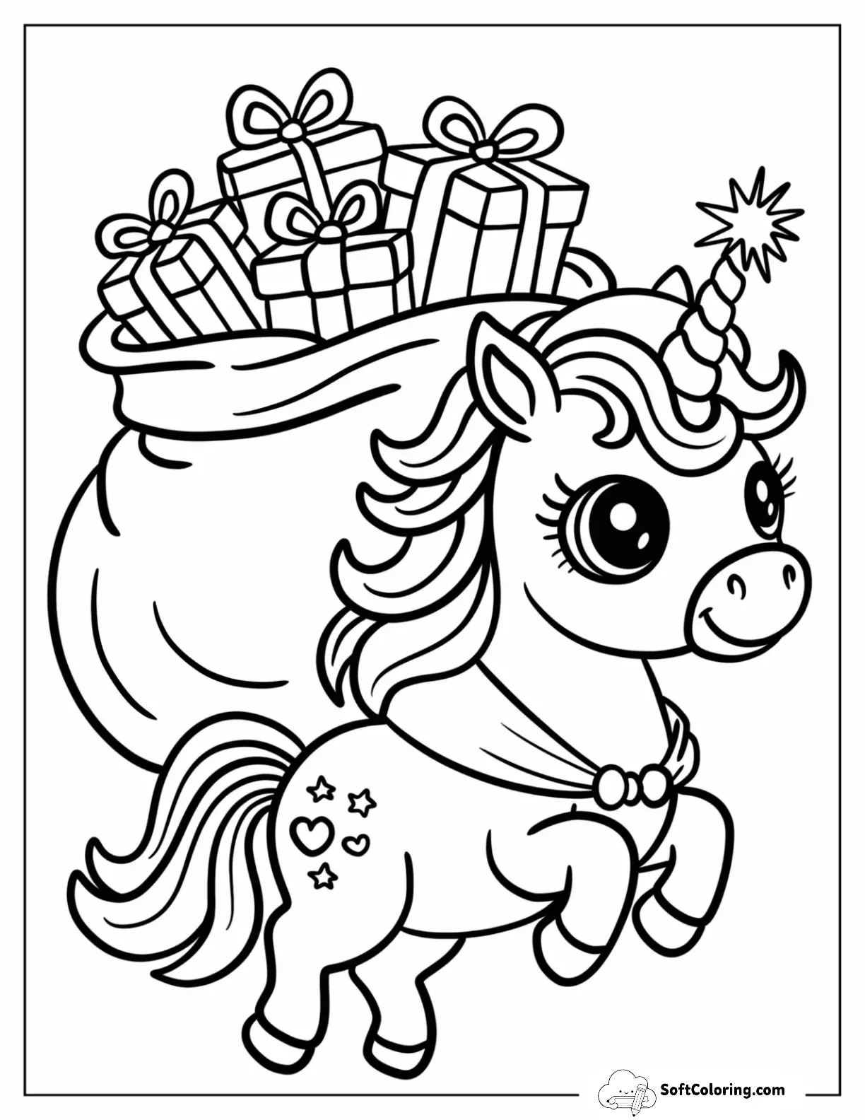 Galloping Christmas Unicorn Coloring Page Carrying Sack Of Presents