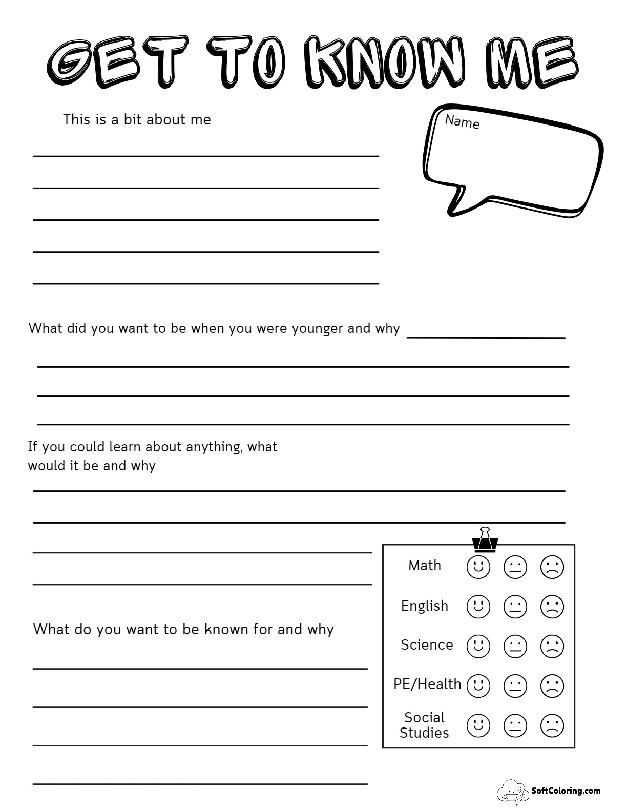 Get To Know Me Printable Worksheet For Middle School And High School Students