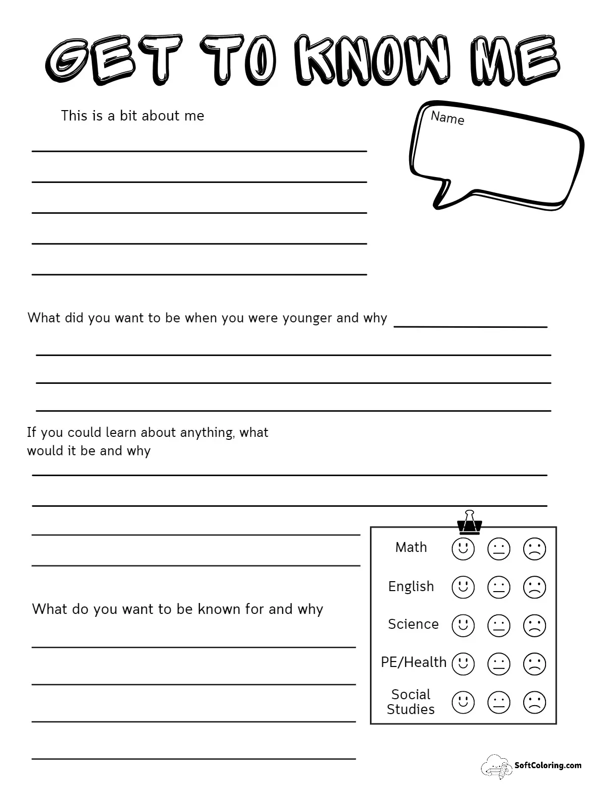 Get To Know Me Printable Worksheet For Middle School And High School Students