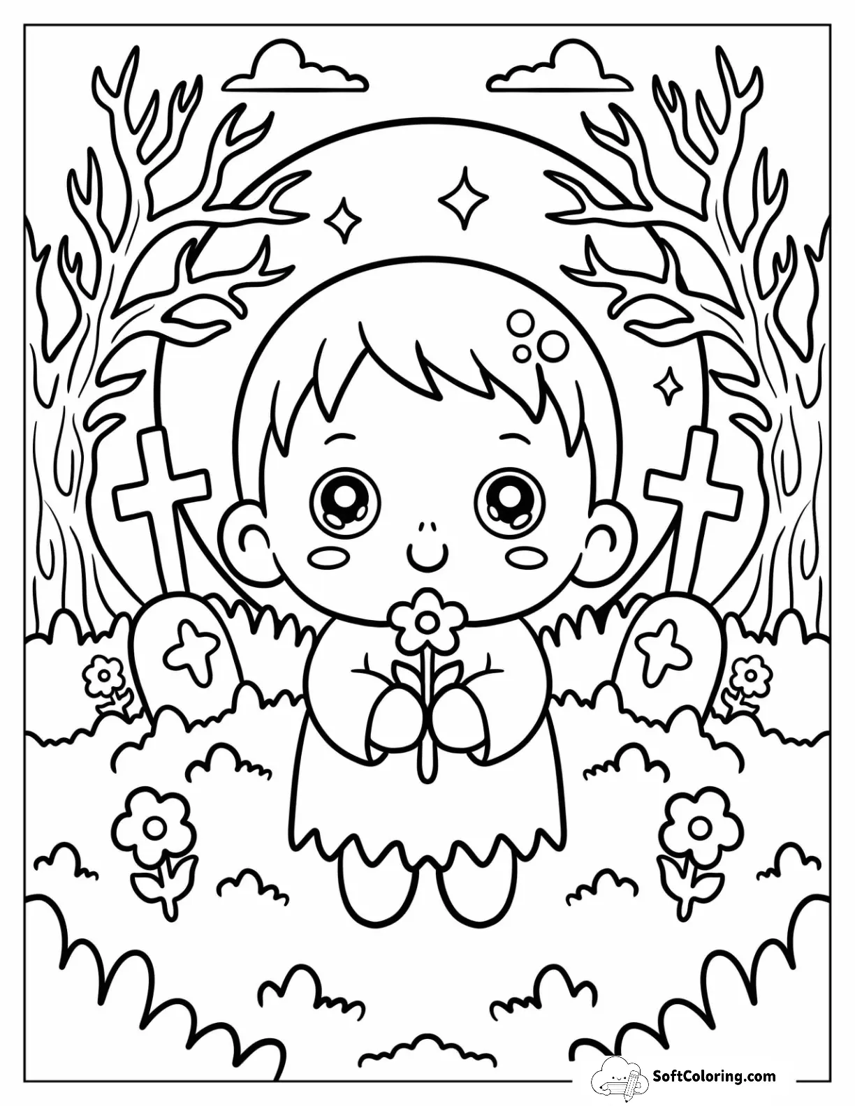 Ghost Child Holding Flower In The Graveyard For Kids