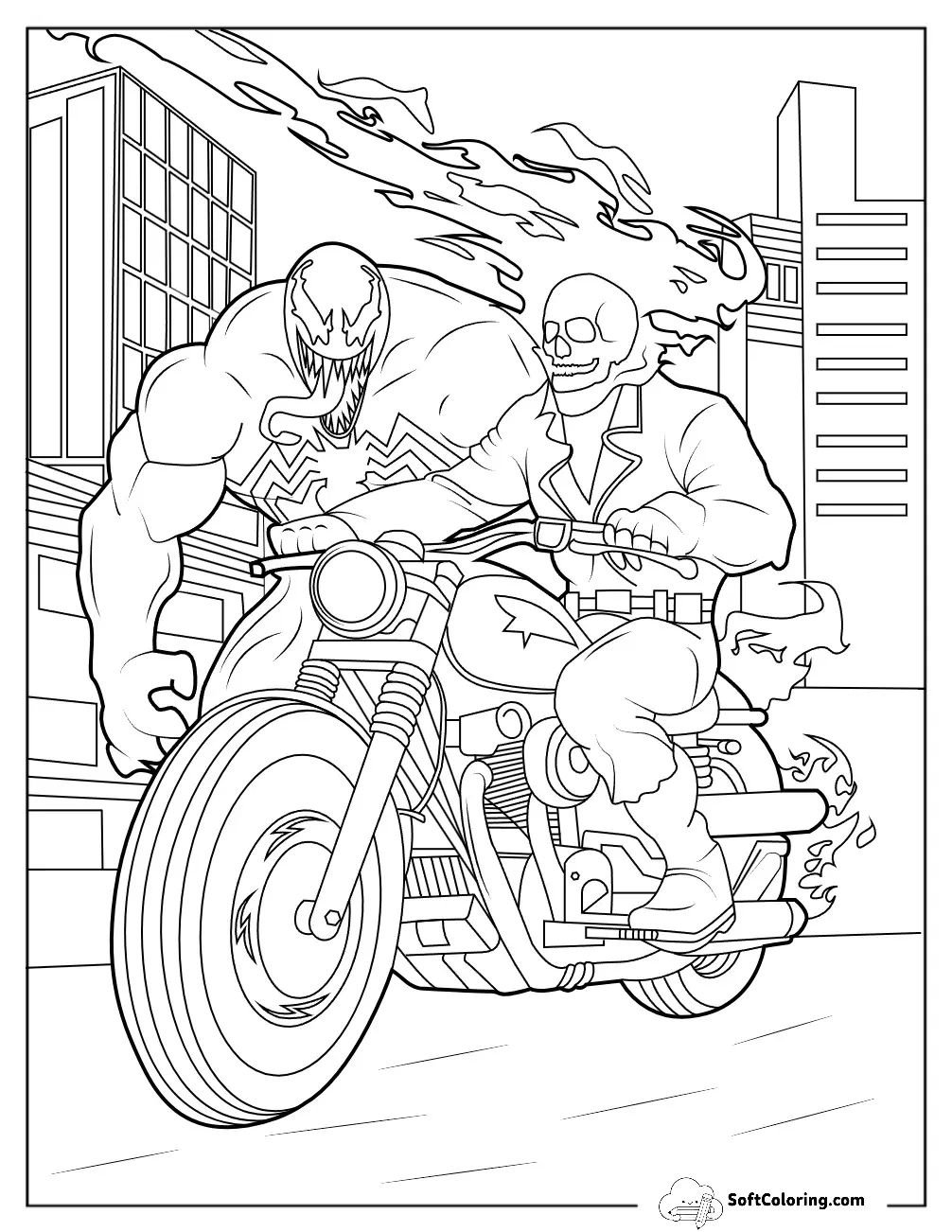 Ghost Rider And Venom In The City Coloring Page For Kids