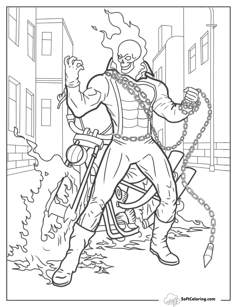 Ghost Rider In Front Of His Motorcycle Holding His Hellfire Chain