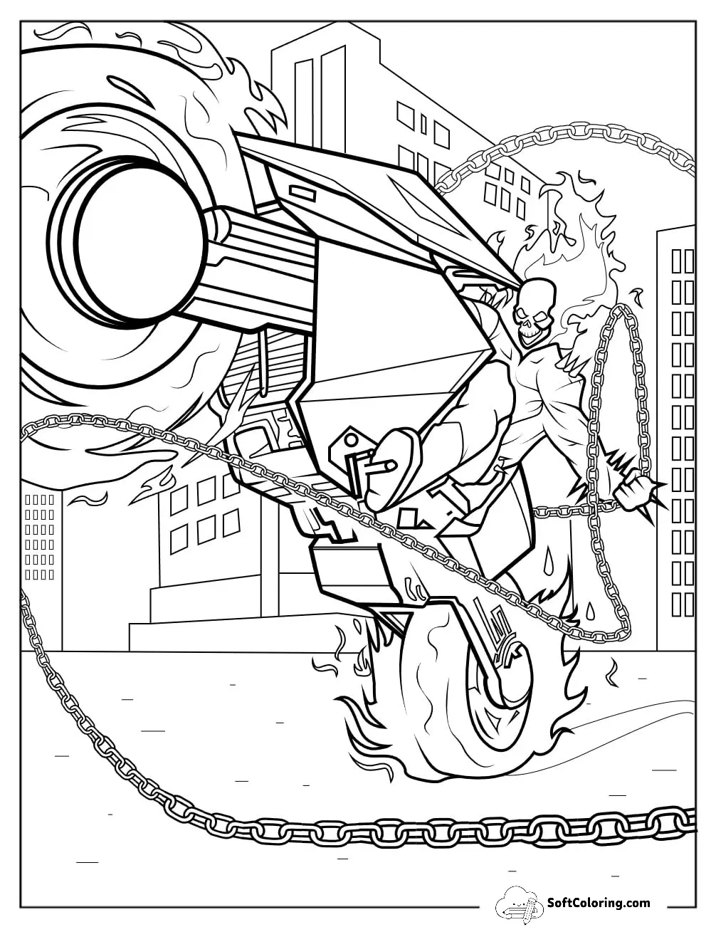 Ghost Rider On His Blazing Motorcycle With His Hellfire Chain Coloring Sheet