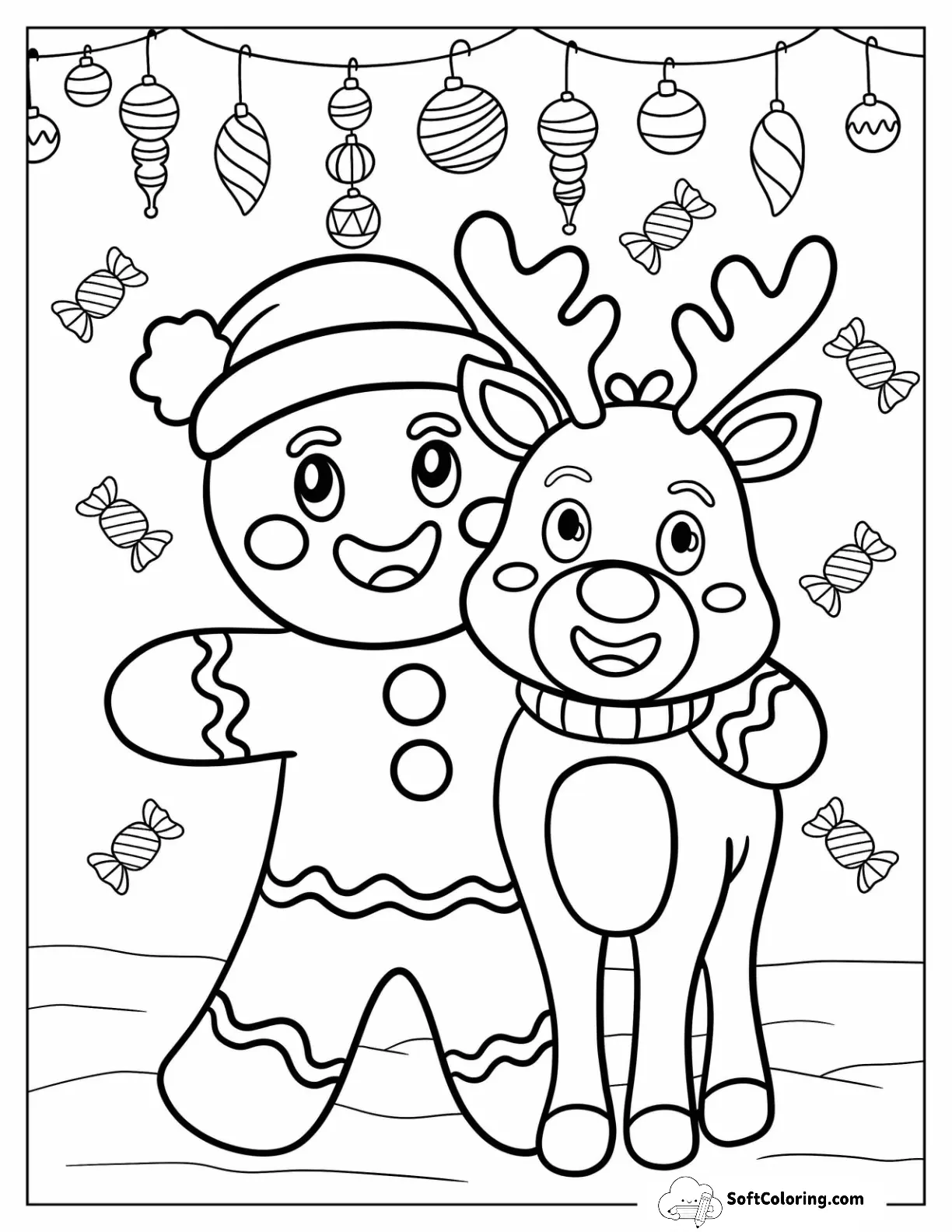 Gingerbread Man Hugging Reindeer With Ornaments And Candy