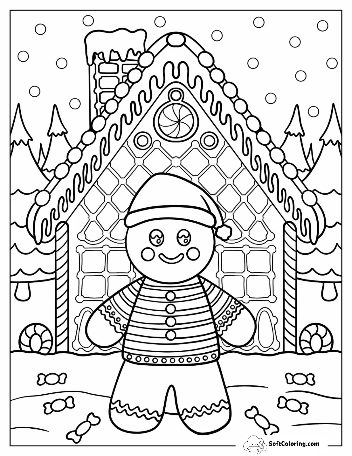 Gingerbread Man In Santa Hat With Snowy House And Candy