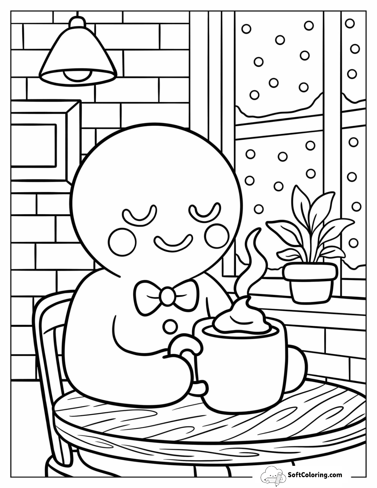 Gingerbread Man With Hot Drink By Snowy Window