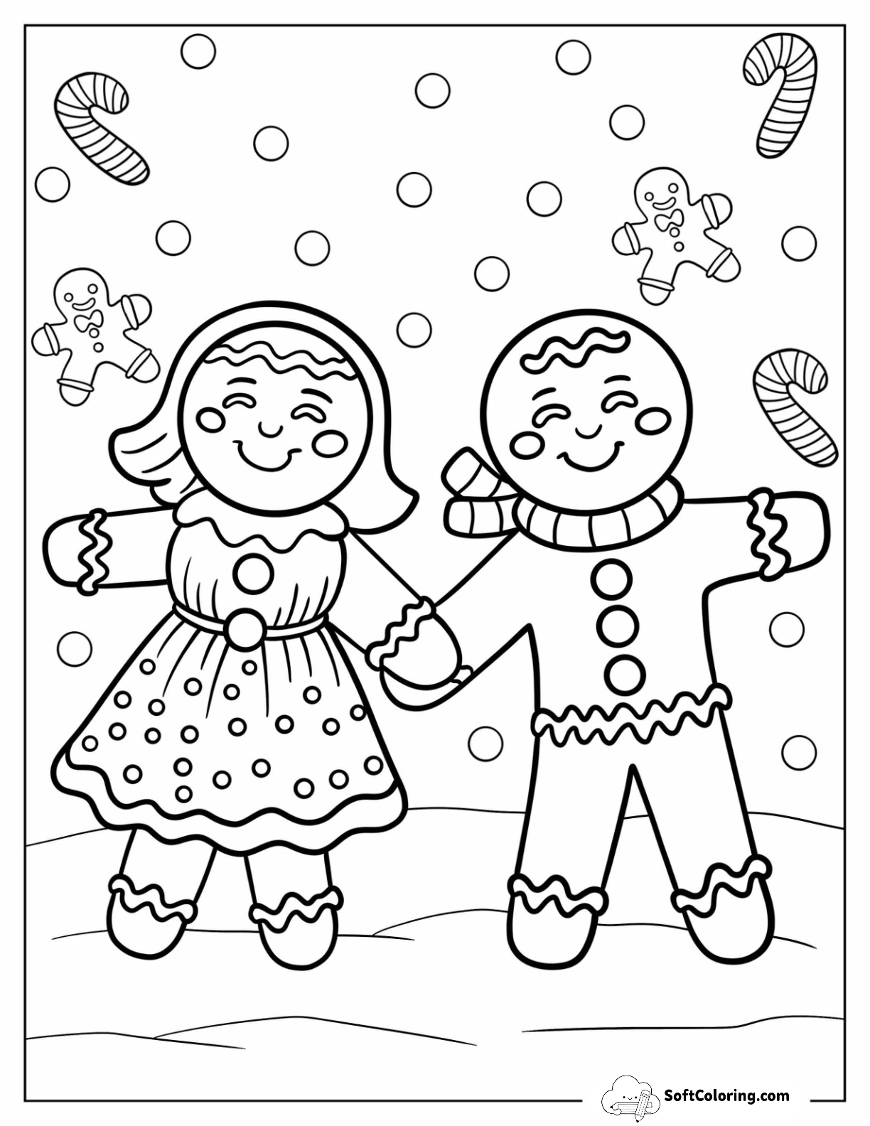 Gingerbread Man And Girl With Candy Canes And Falling Snow