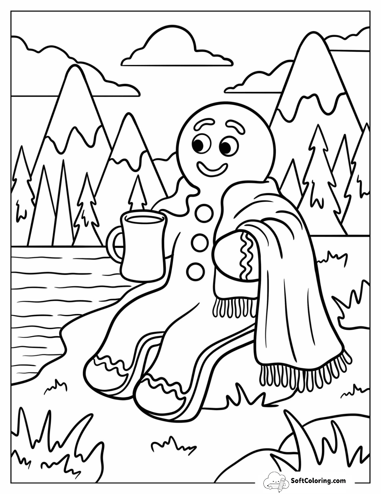 Gingerbread Man With Blanket And Mug By Mountain Lake