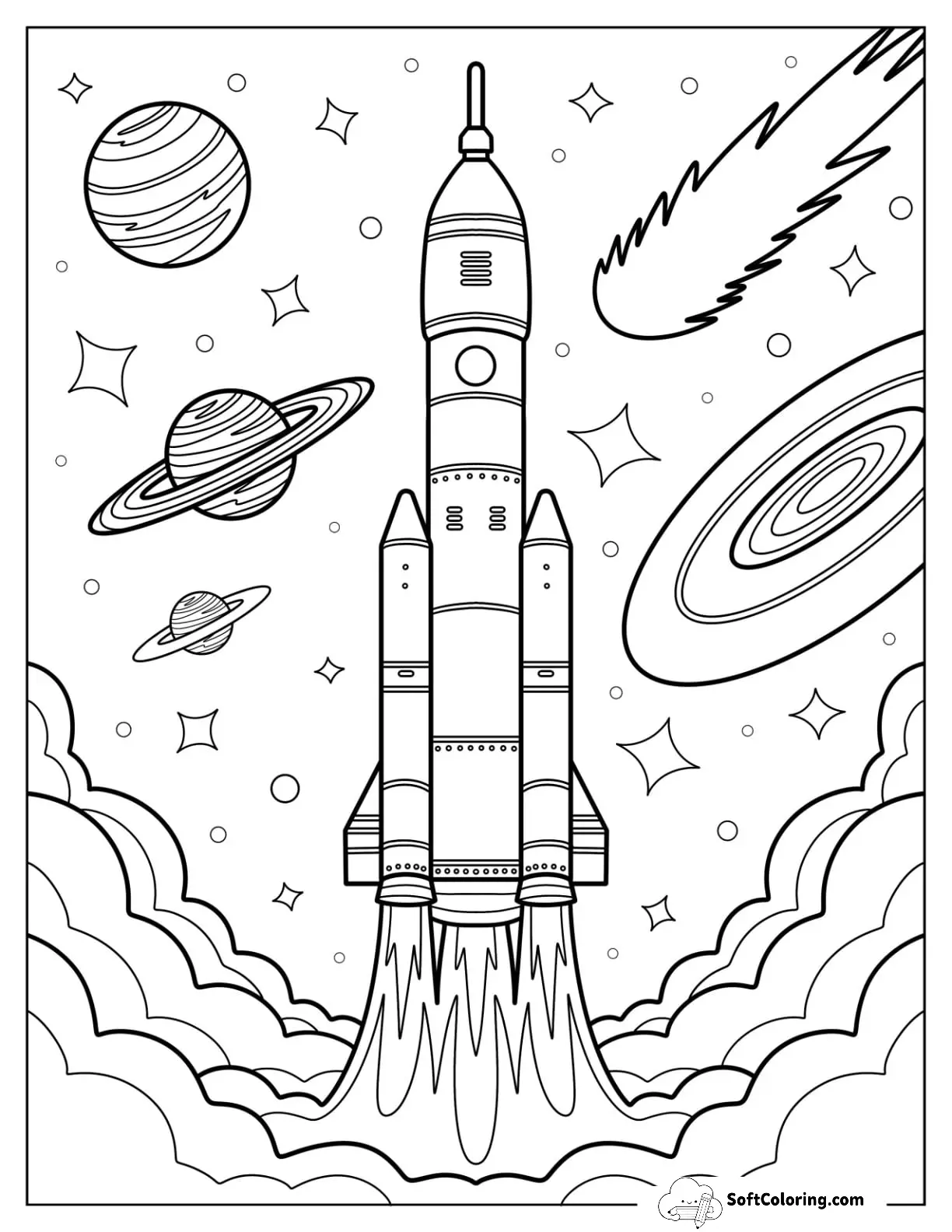 Grand Rocket Coloring Page Blasting Fire And Smoke Going Into Outer Space