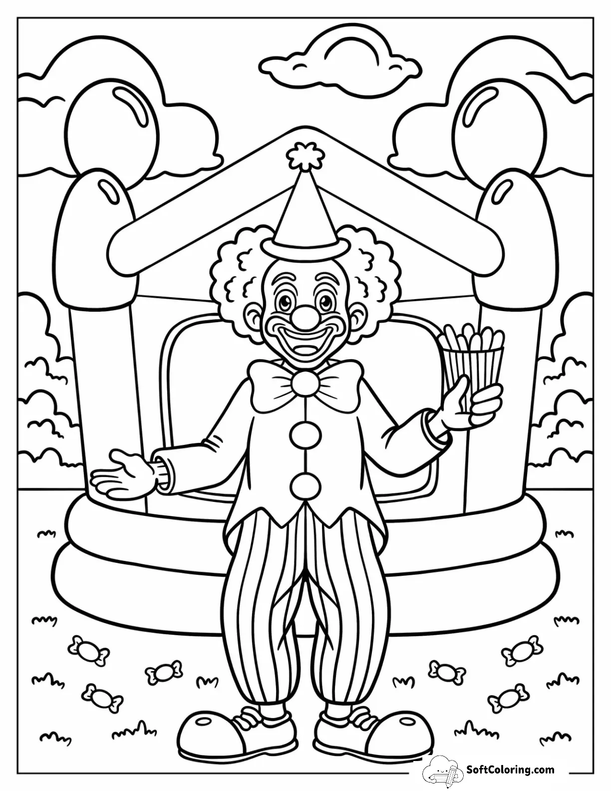 Grinning Clown Coloring Page With Striped Pants Holding A Snack
