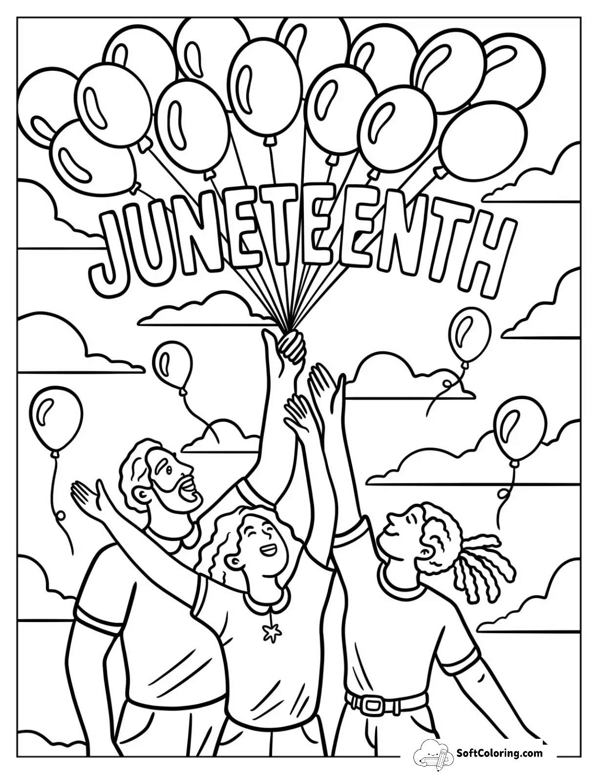 Group Holding Balloons Spelling Juneteenth Coloring Page In The Sky