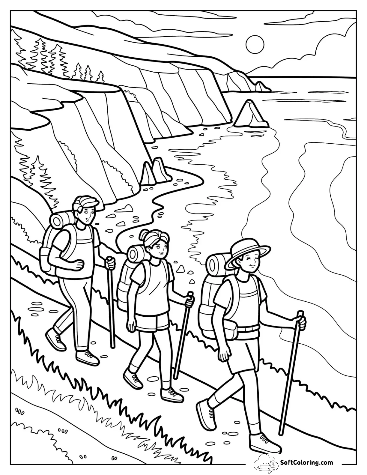 Group Of Hikers Exploring Coastal Trail At Sunset