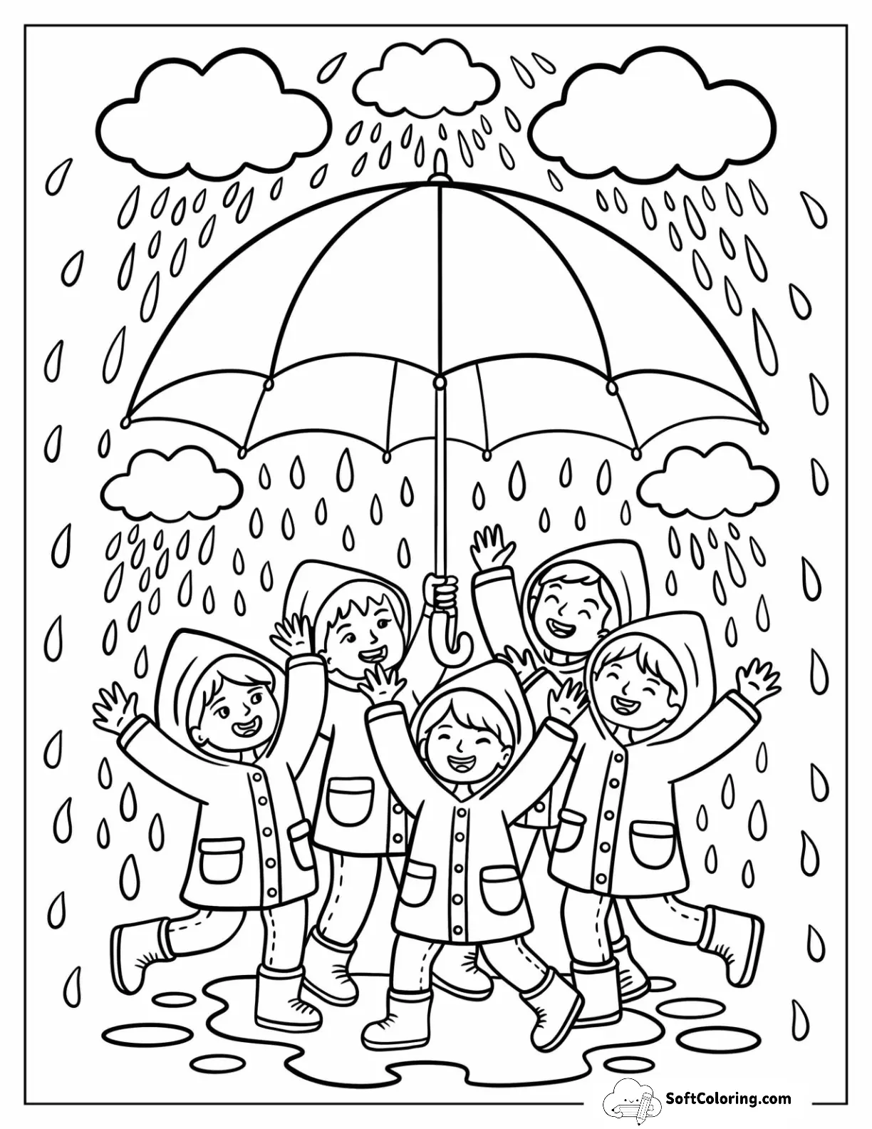 Group Of Kids Sharing Umbrella And Laughing Together In The Rain