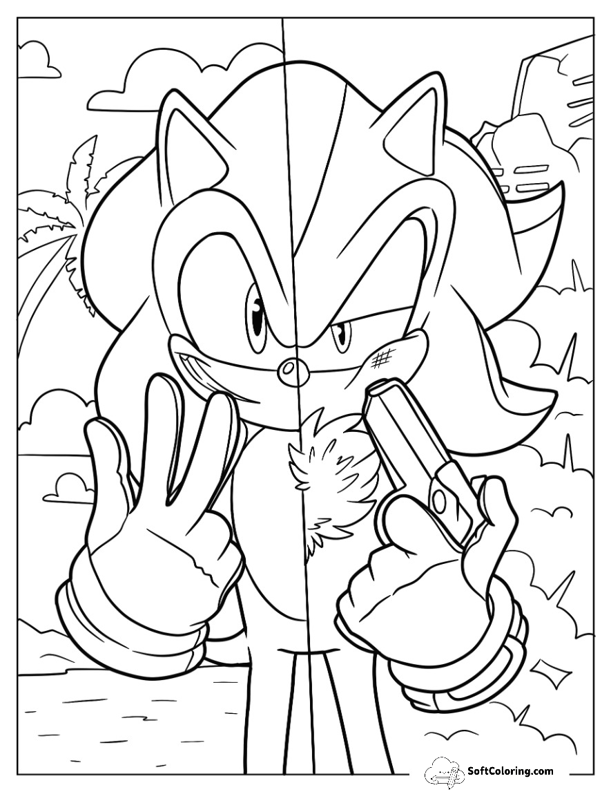 Half Sonic And Half Shadow Coloring Page In Fight Mode