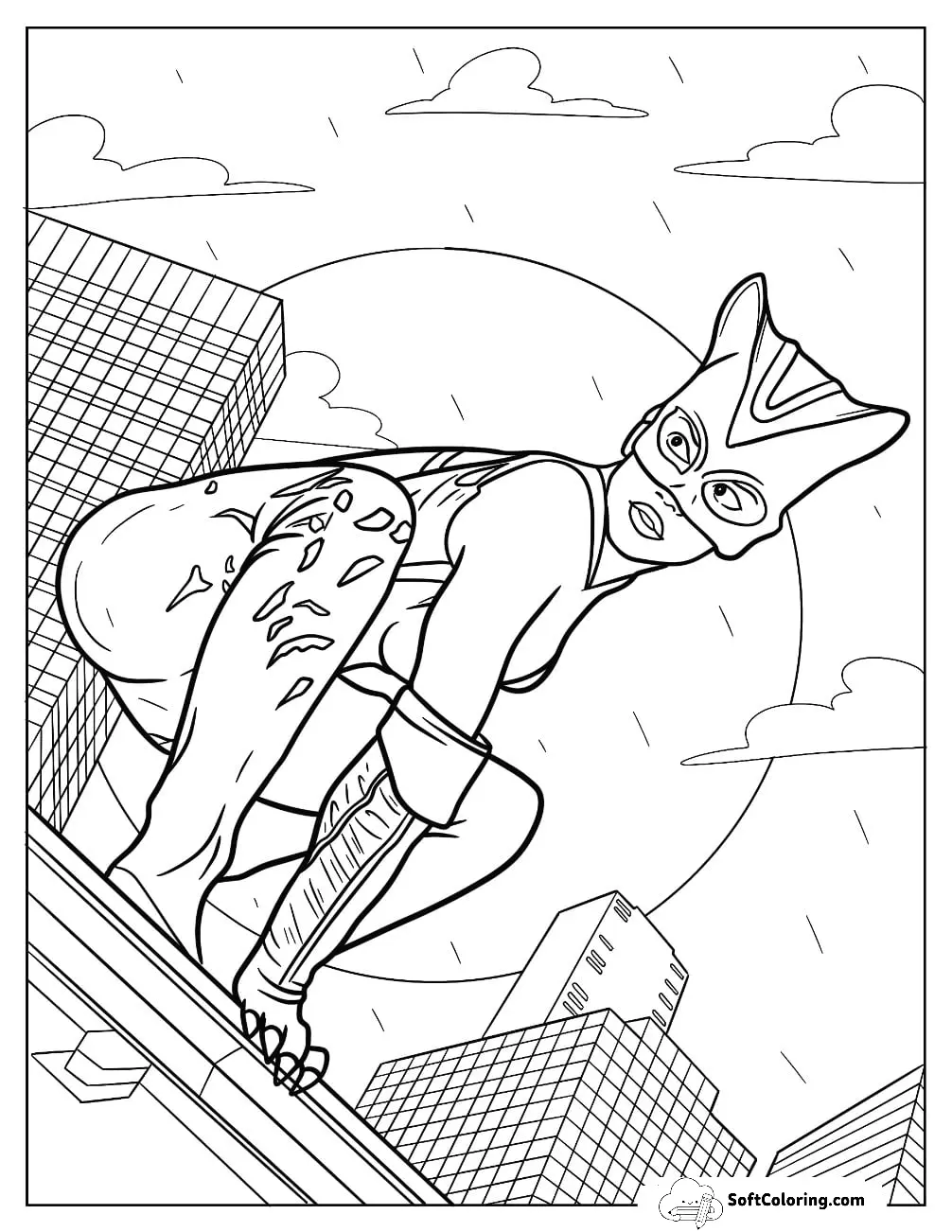 Halle Berry Catwoman Coloring Page On A Rooftop At Night