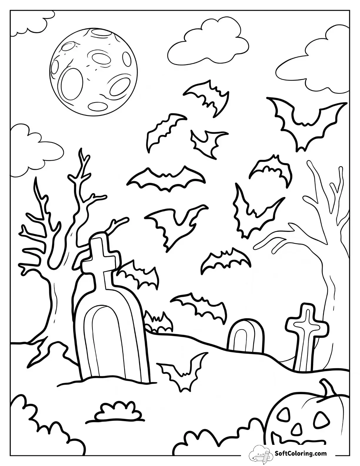 Halloween Graveyard With Bats In The Sky