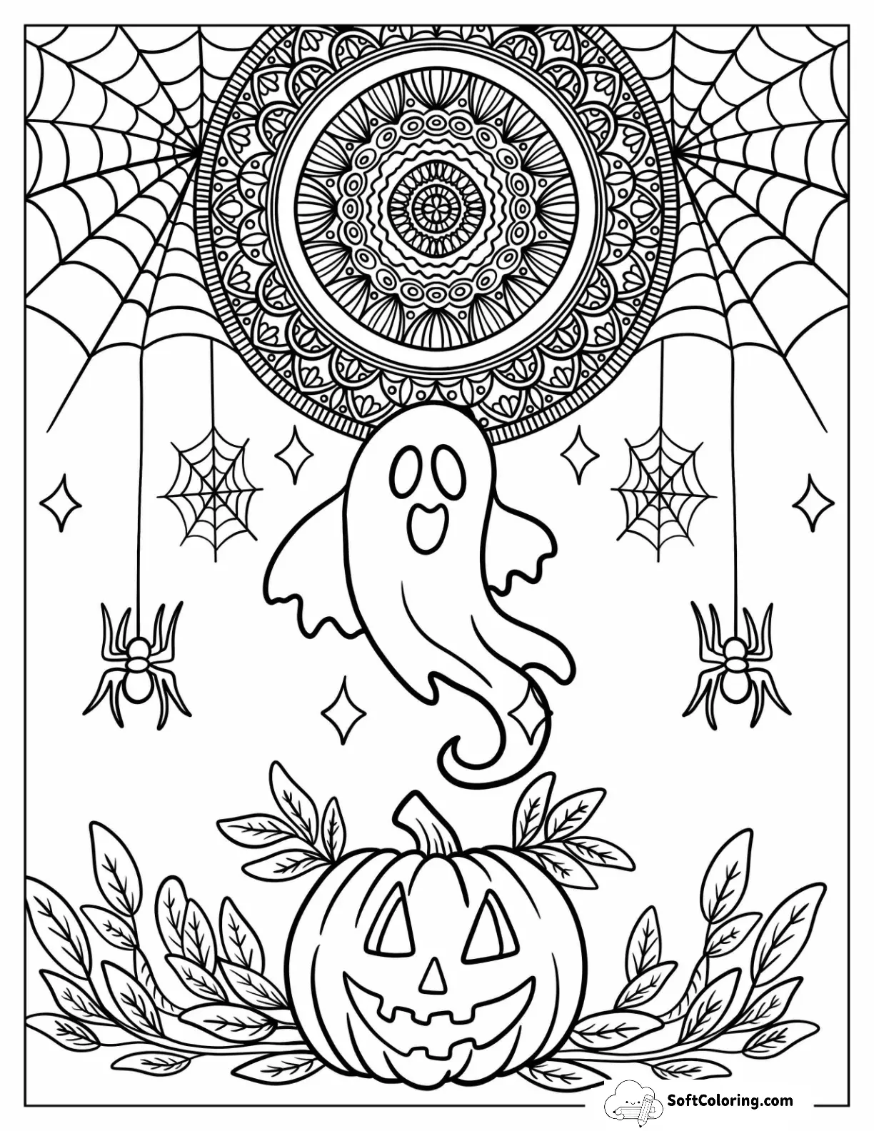 Halloween Mandala Hanging Over A Ghost And Jack O Lantern