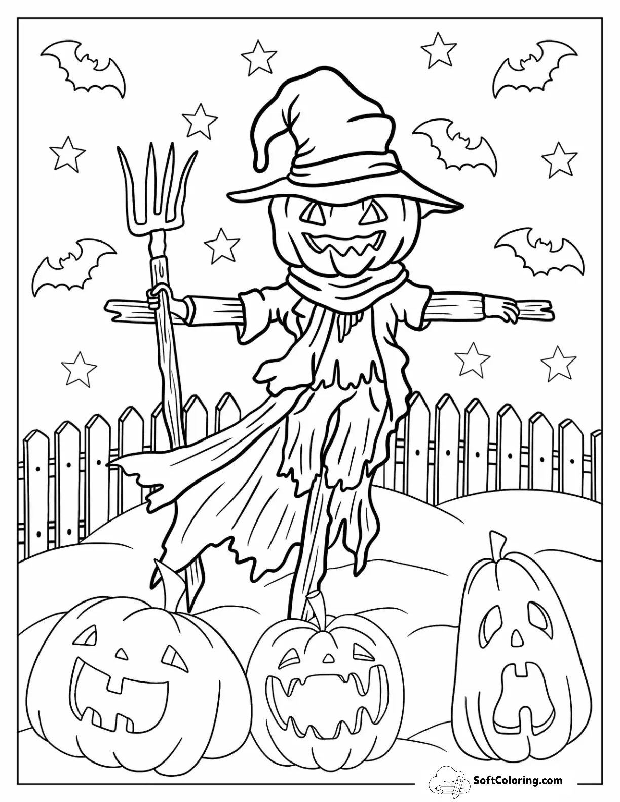 Halloween Scarecrow Coloring Page Holding A Digging Fork