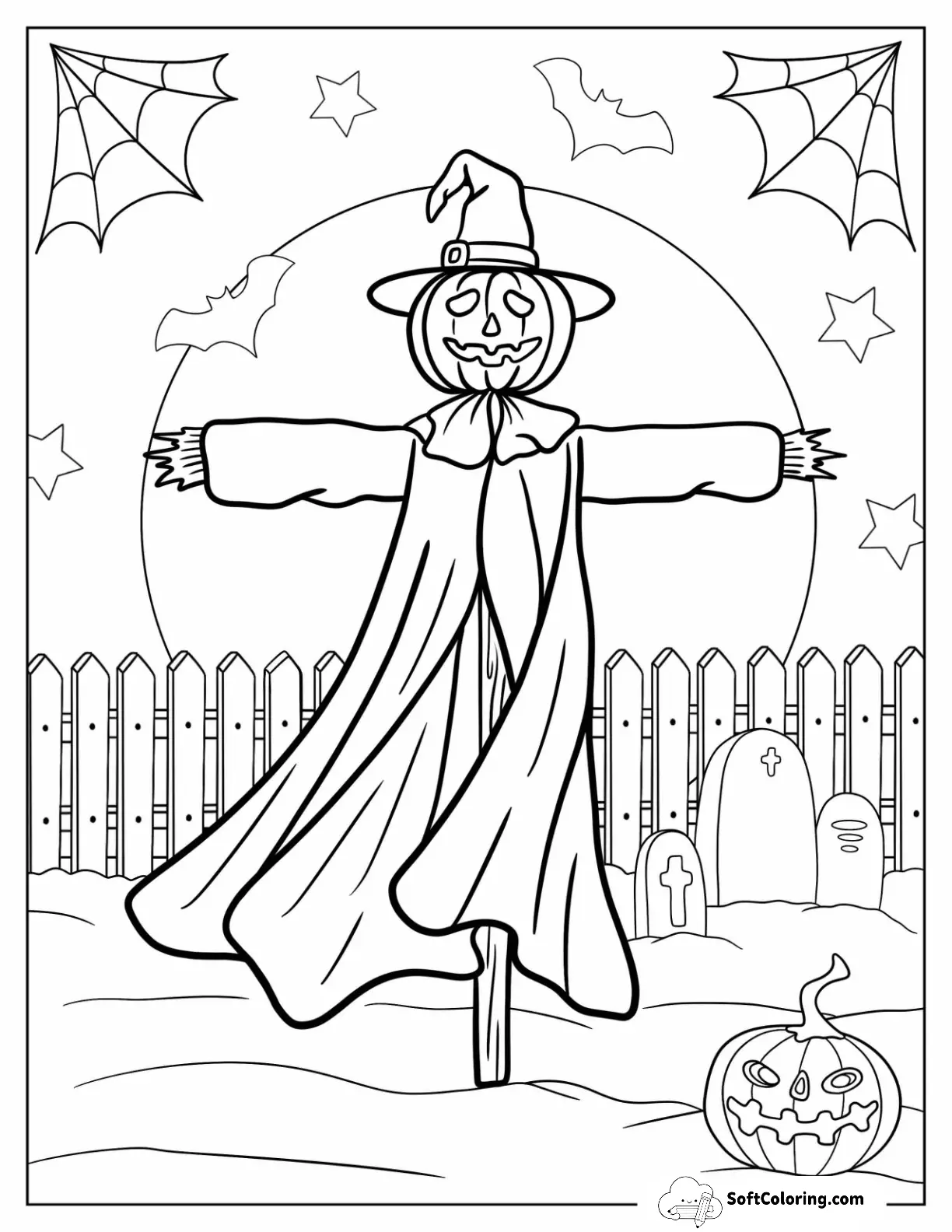 Halloween Scarecrow Coloring Page With A Long Cape