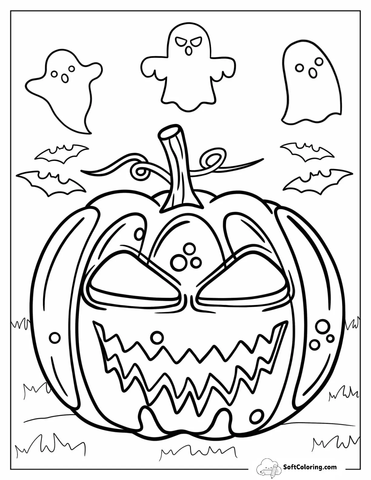 Halloween Themed Jack-O-Lantern Coloring Page With Ghosts