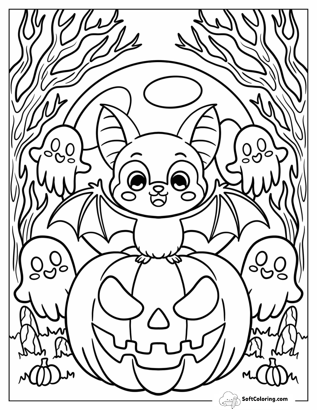 Happy Bat On A Jack O Lantern With Tiny Ghosts