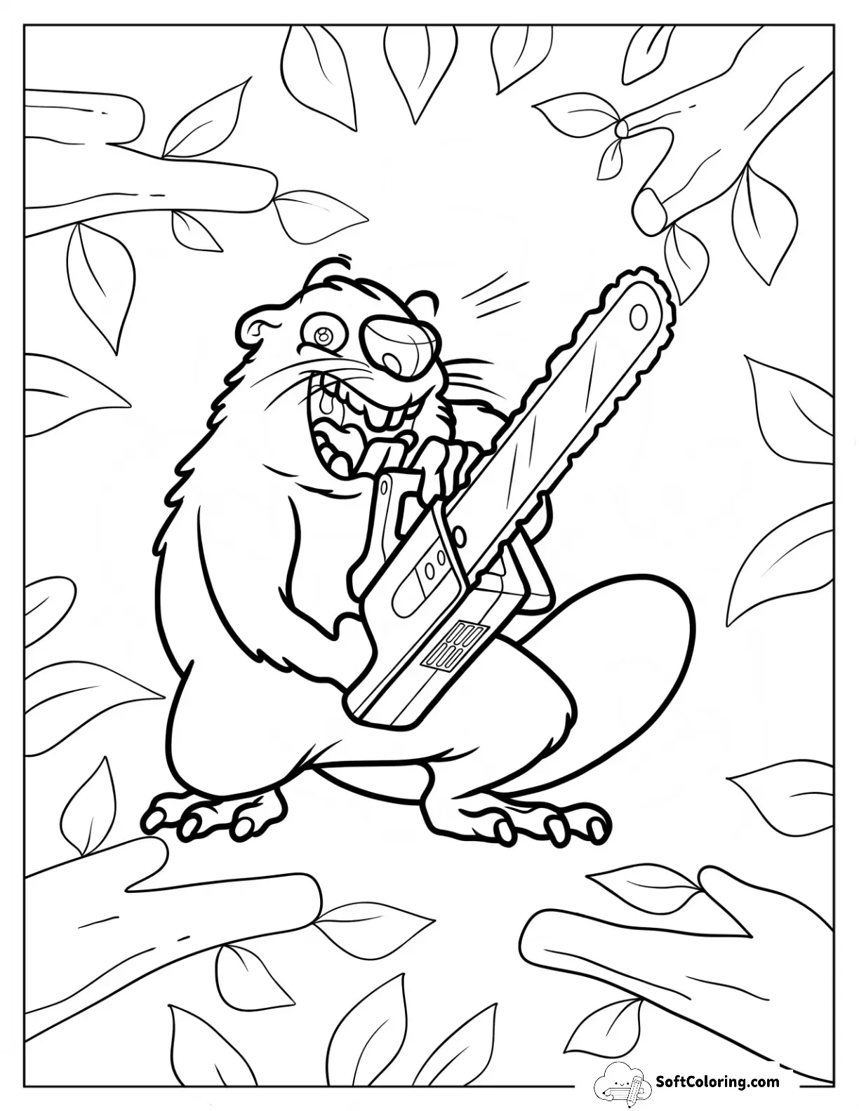 Happy Beaver Coloring Page Holding A Chainsaw