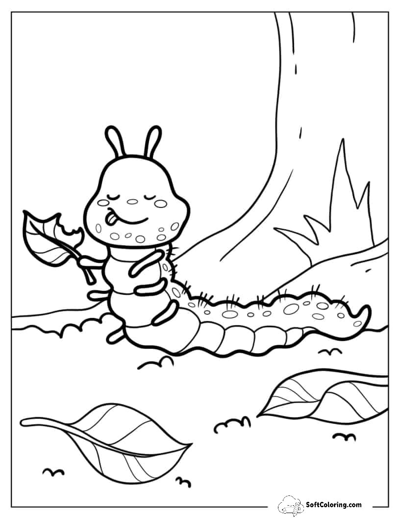 Happy Caterpillar Eating Leafs To Color In