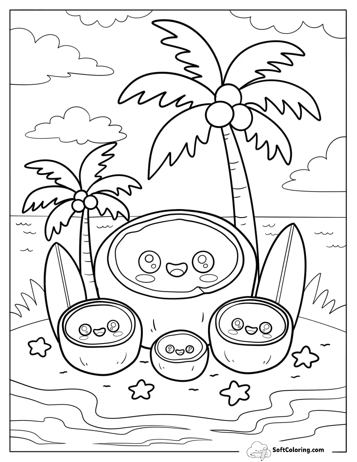 Happy Coconut Family On Tropical Island Beach With Palm Trees