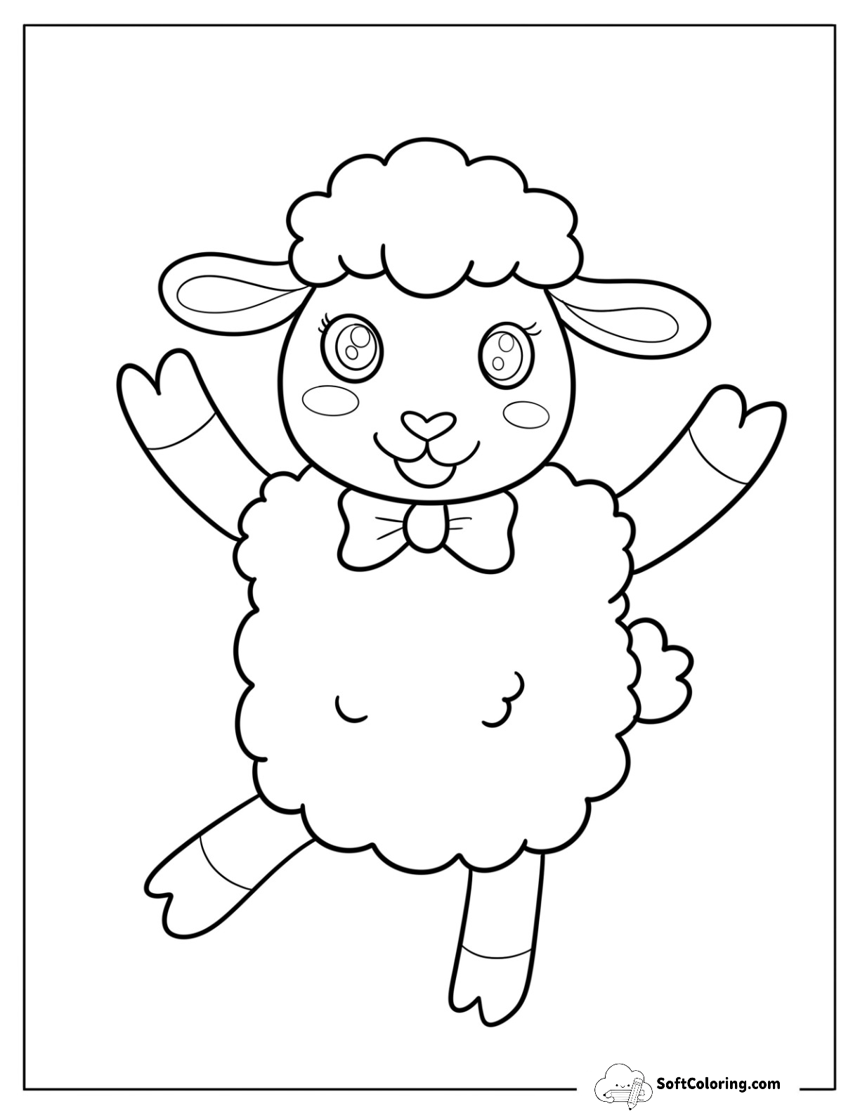 Happy Fluffy Sheep Coloring Page Wearing A Bow For Preschoolers
