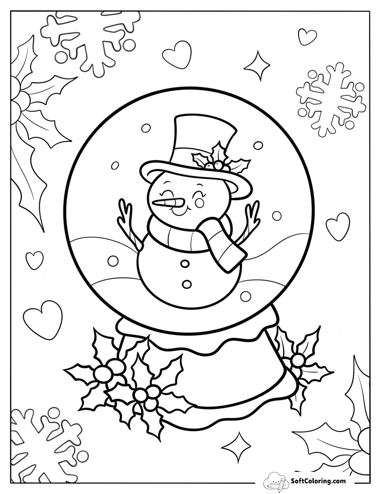 Happy Snowman Inside A Snow Globe Coloring Page