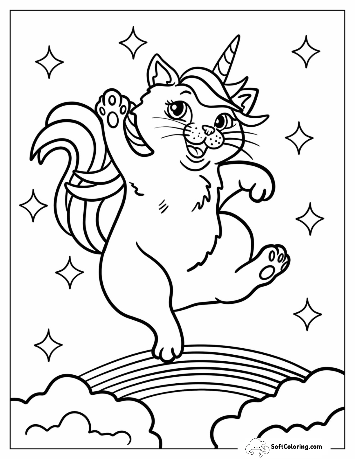 Happy Unicorn Cat Bouncing Off A Rainbow