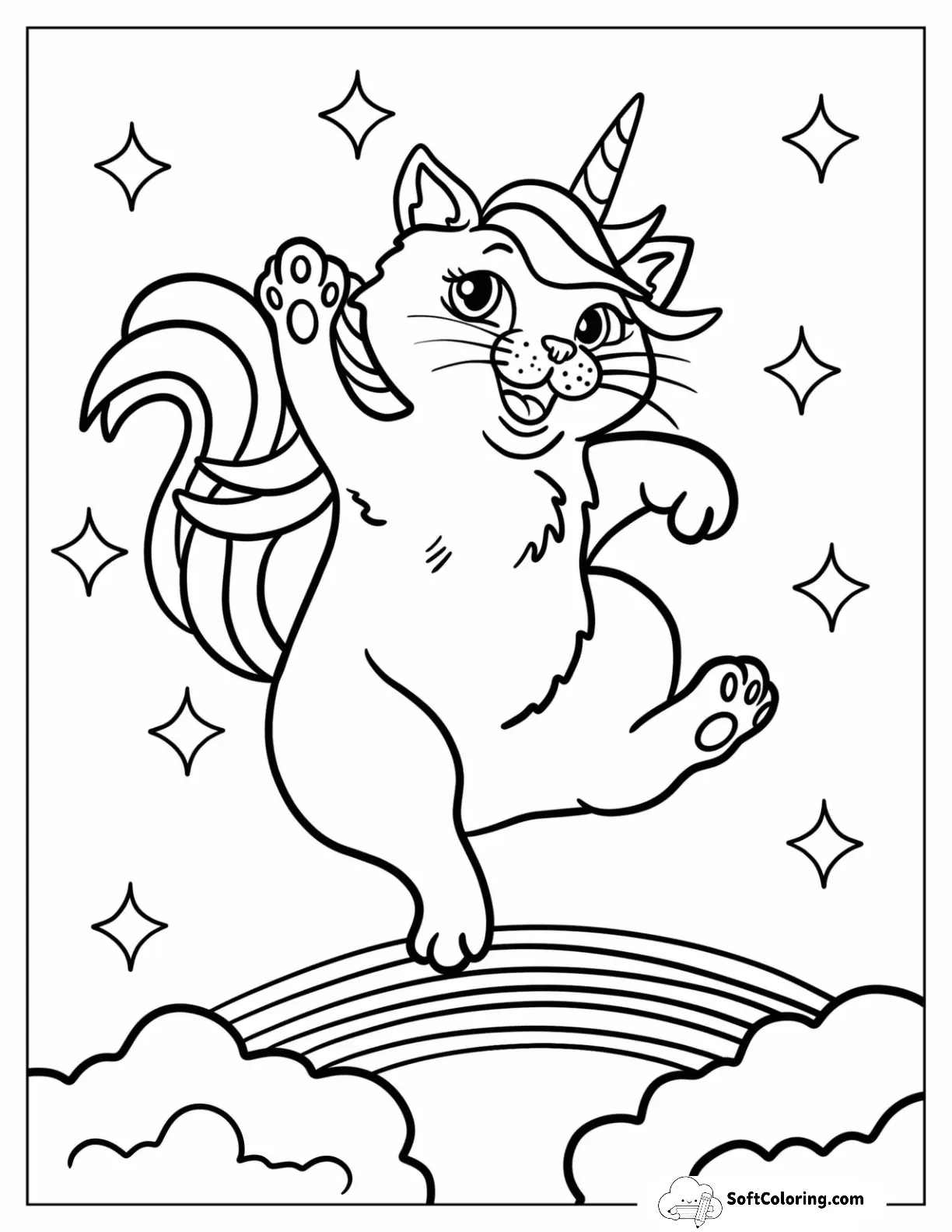 Happy Unicorn Cat Bouncing Off A Rainbow