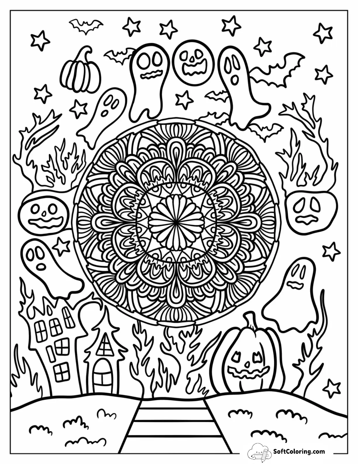 Haunted House, Ghosts, And Pumpkins Halloween Mandala
