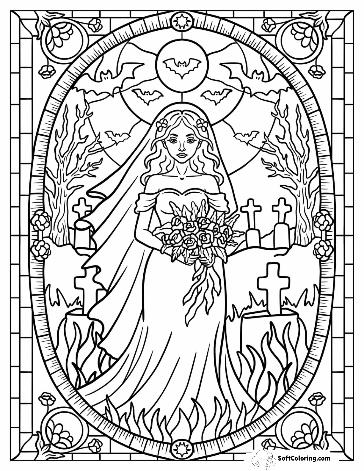 Haunting Bride Standing In Cemetery With Bats In The Sky Halloween