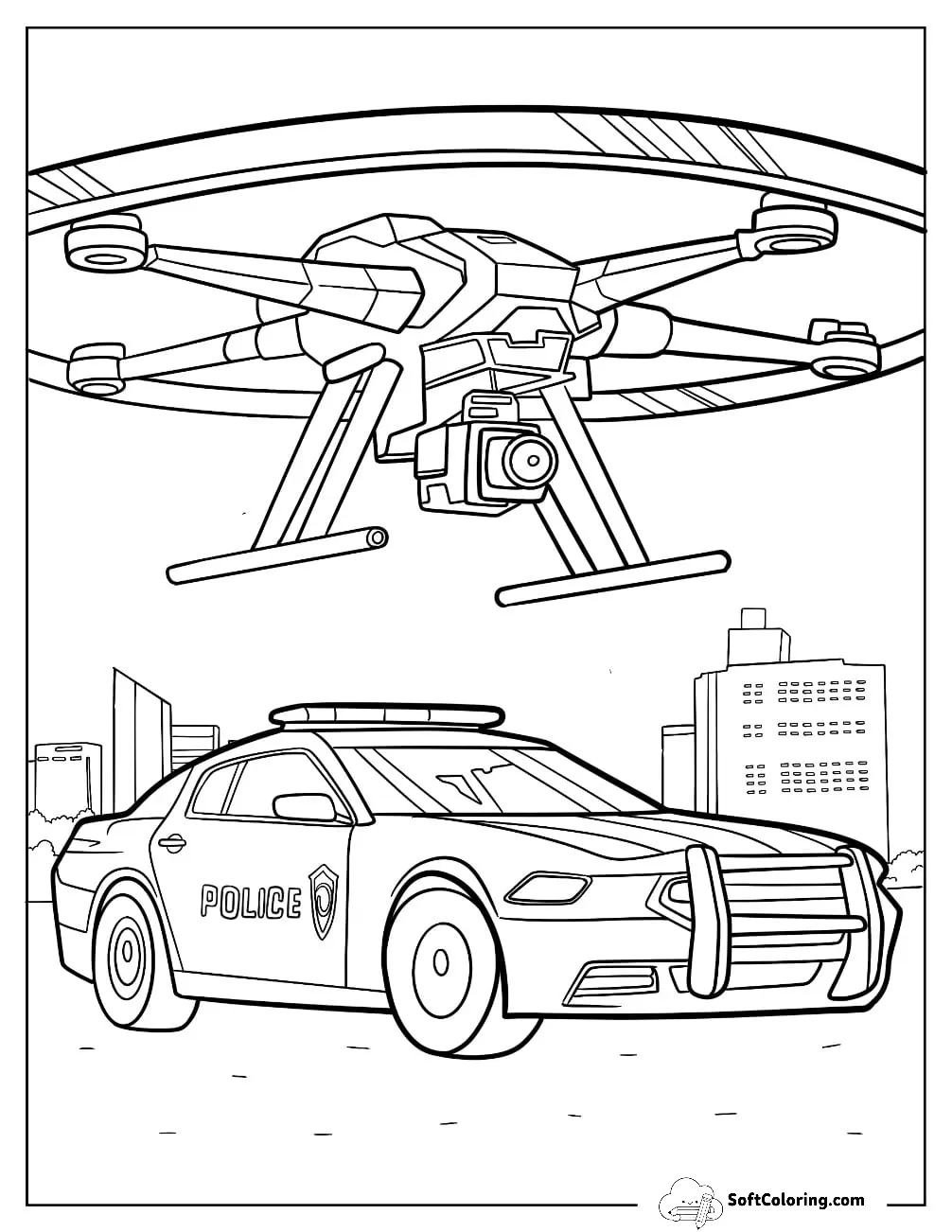 Helicopter Hovering Above A Police Car Coloring Page