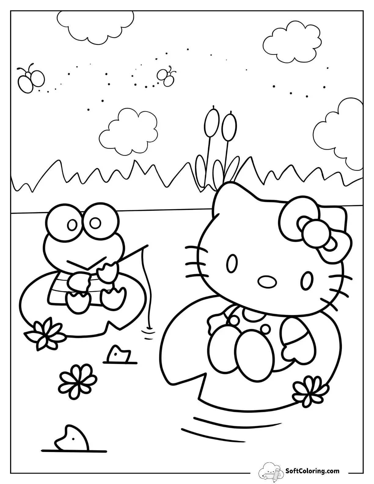 Hello Kitty And Keroppi Sitting On Lily Pads