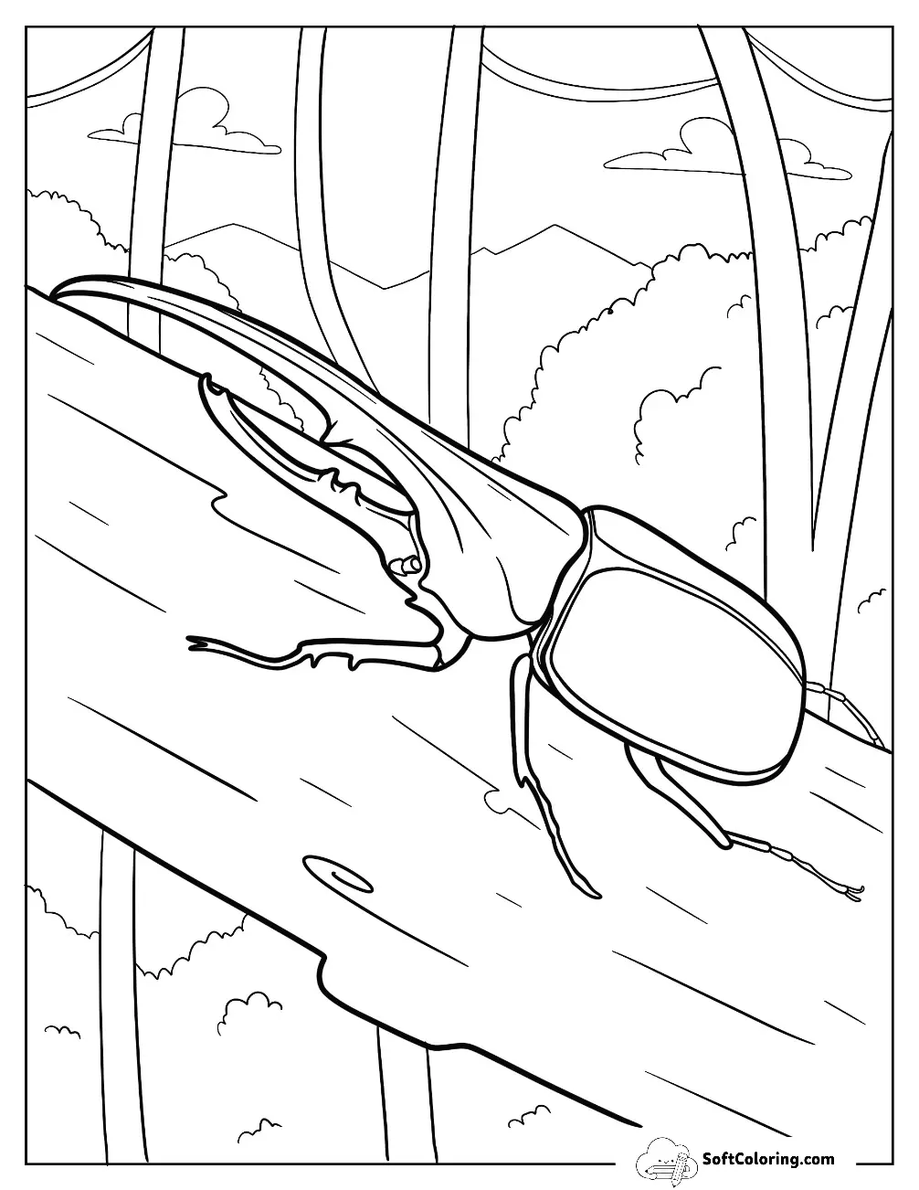 Hercules Beetle Coloring Page On A Log For Kids