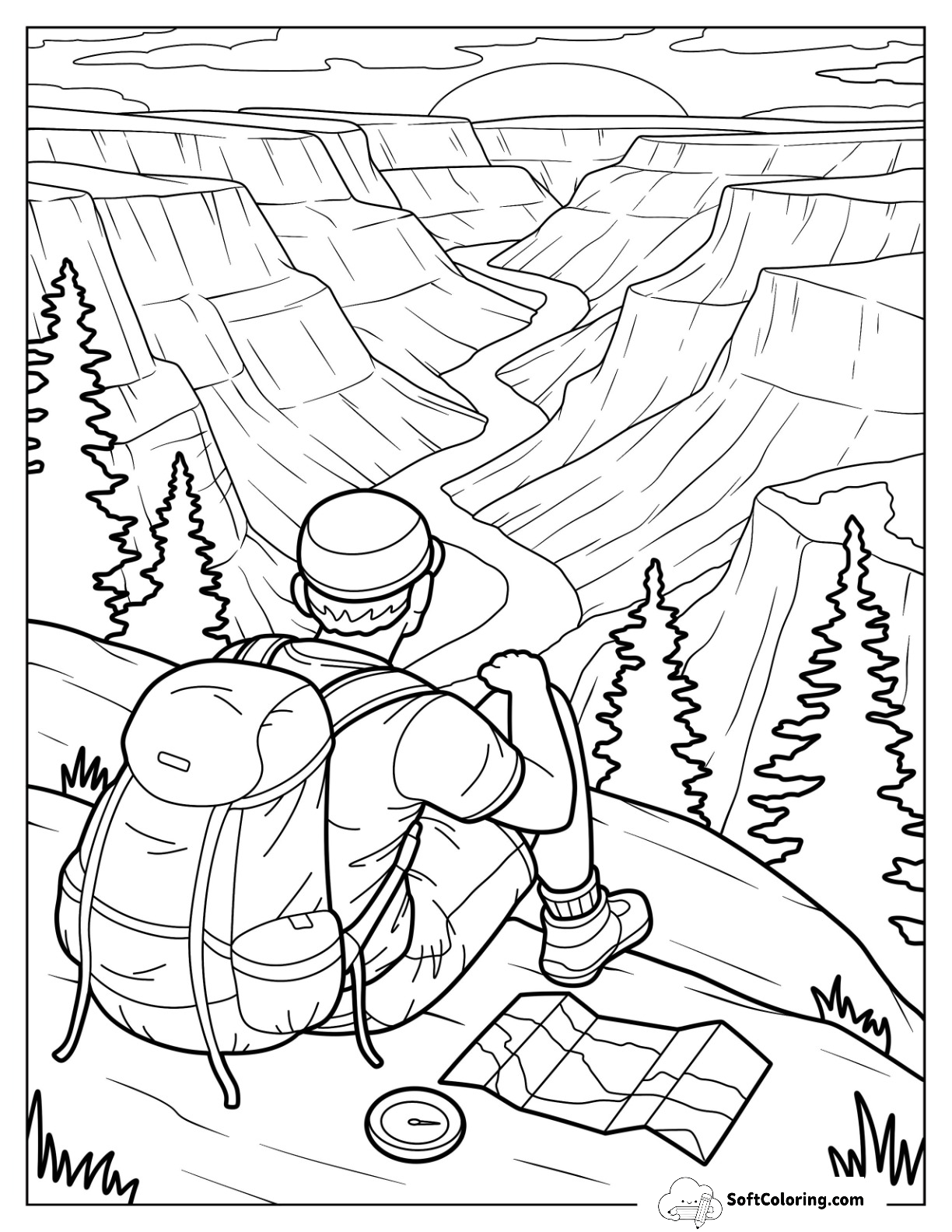 Hiker Overlooking Canyon At Sunset With Backpack And Map