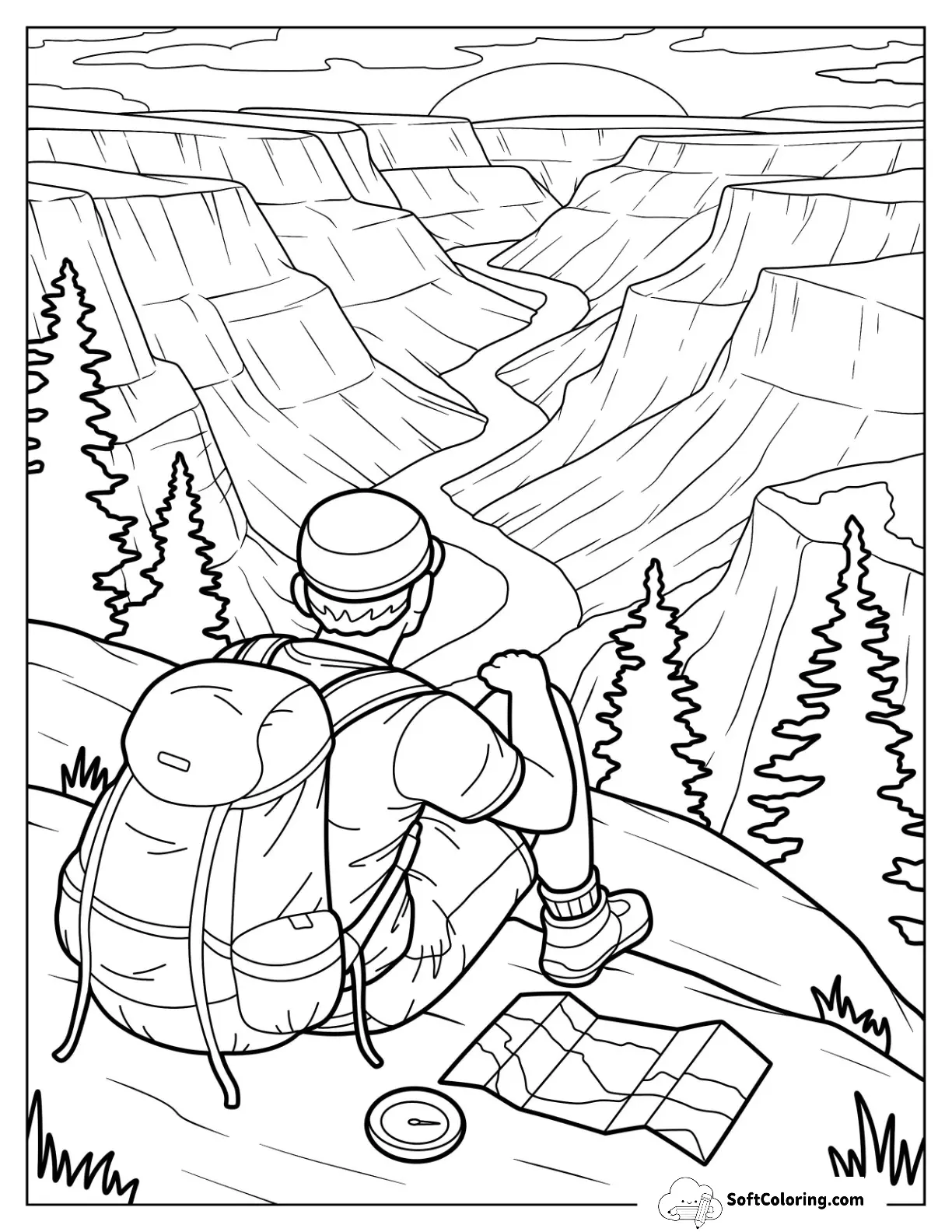 Hiker Overlooking Canyon At Sunset With Backpack And Map