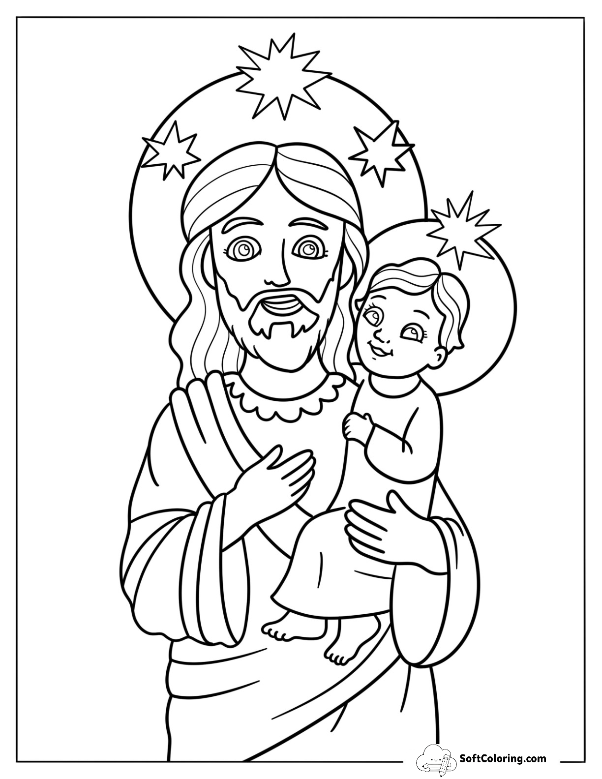 Holy Jesus Coloring Page With A Halo Carrying A Little Boy