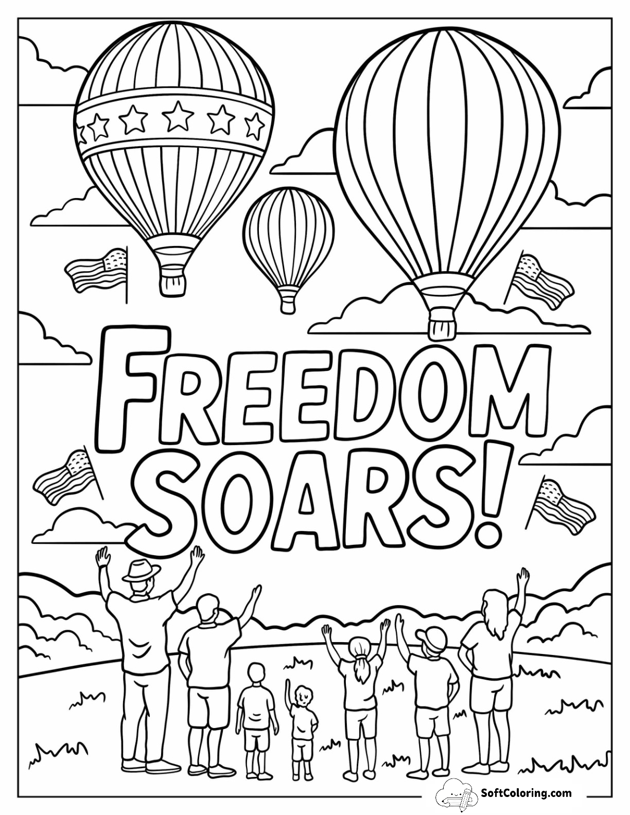 Hot Air Balloons Above Family Waving On 4Th Of July