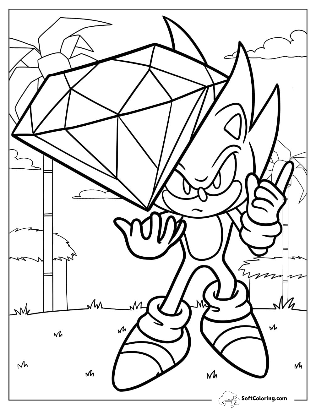 Hyper Sonic Coloring Page Holding Large Chaos Emerald For Kids