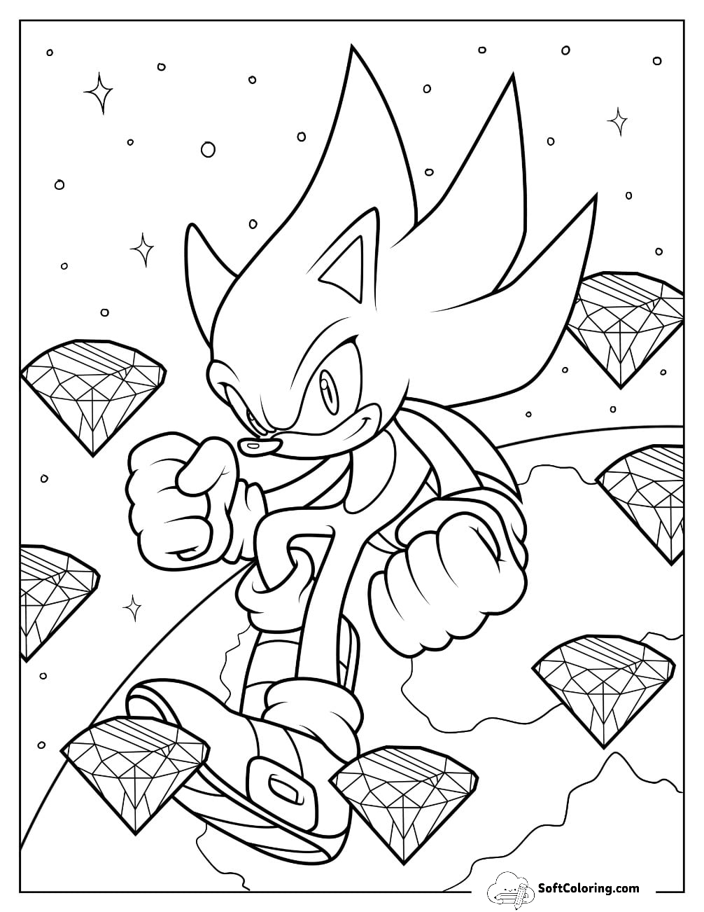 Hyper Sonic Coloring Page In Outer Space With Chaos Emeralds