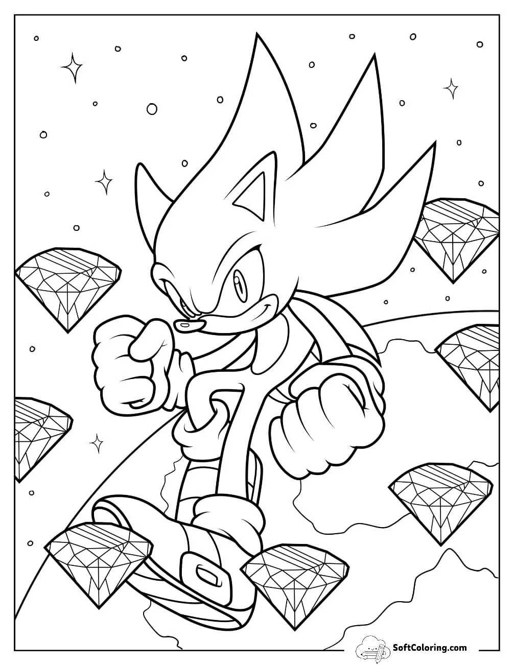 Hyper Sonic Coloring Page In Outer Space With Chaos Emeralds