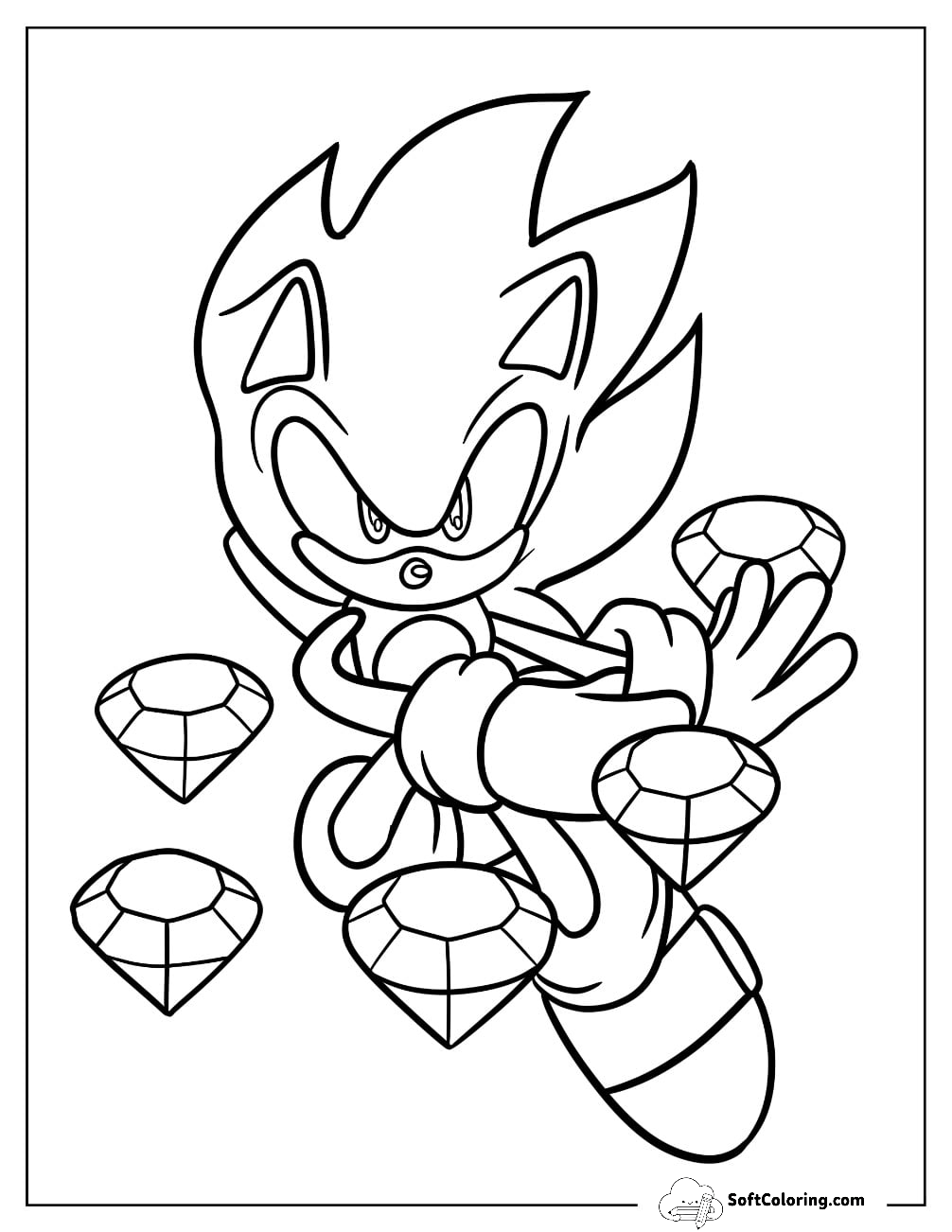Hyper Sonic Coloring Page Surrounded By Chaos Emeralds For Kids