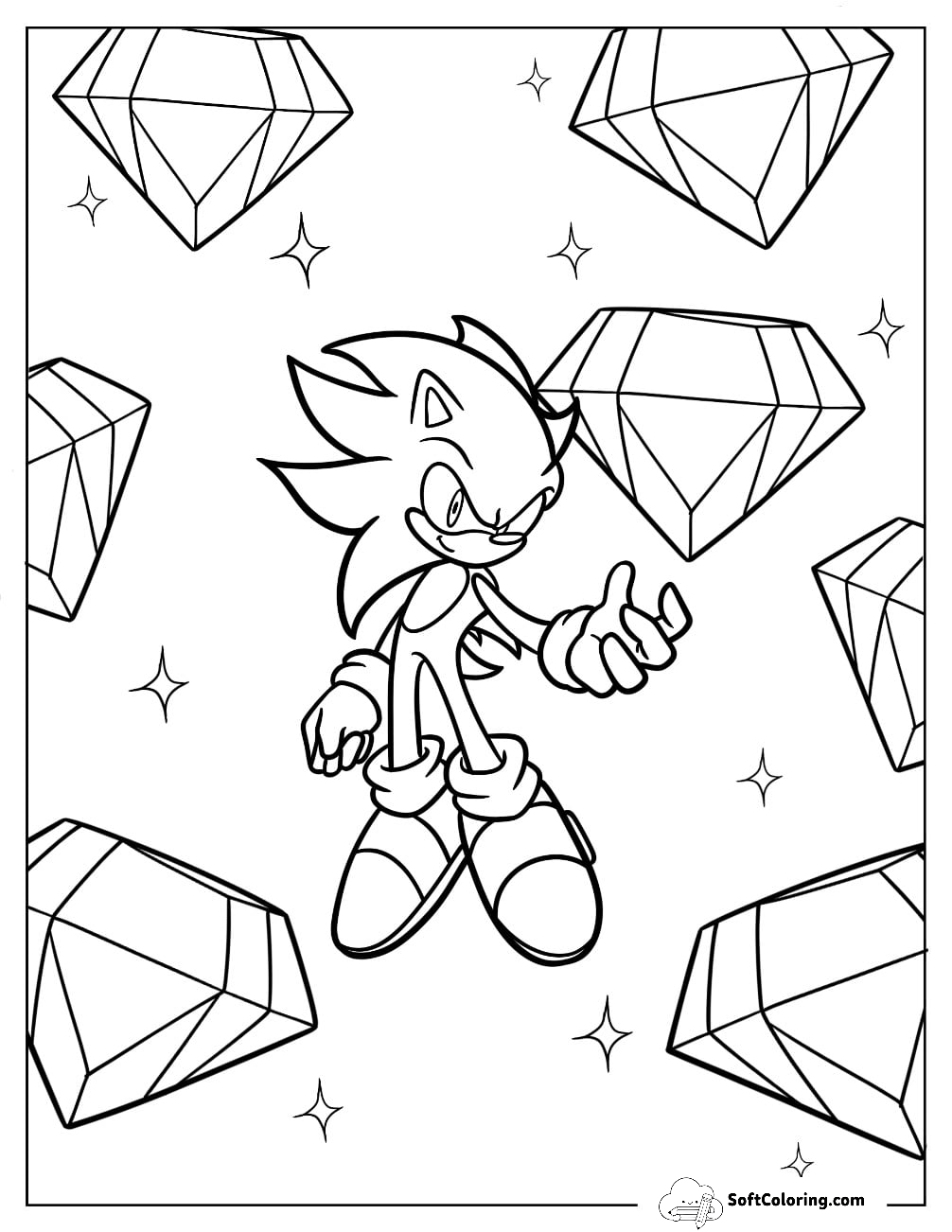 Hyper Sonic Coloring Page With Large Chaos Emeralds In The Background