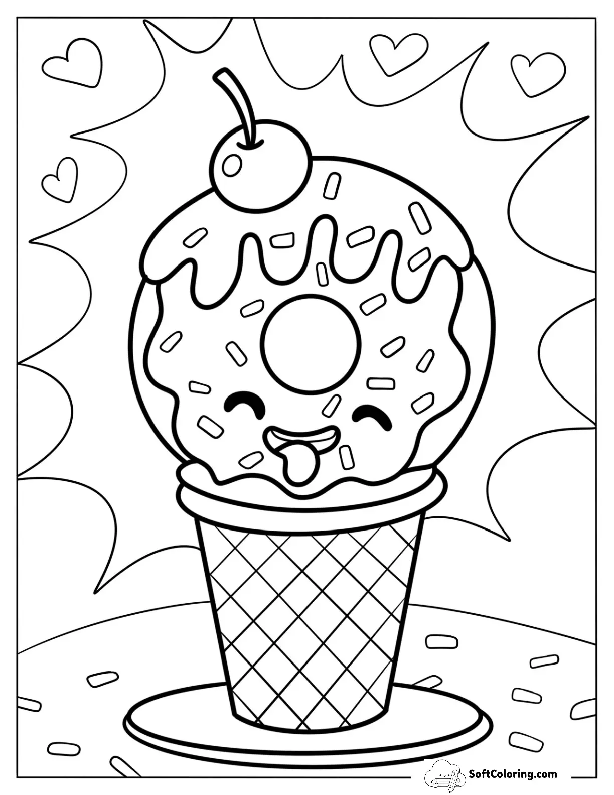 Ice Cream Donut Coloring Page On A Cone With Cherry On Top
